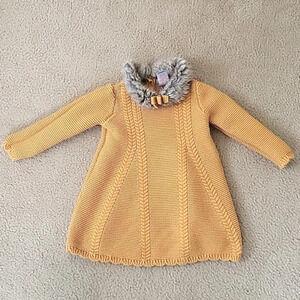 Tahari Baby Mustard Yellow Cable Knit Scallop Hem Faux Fur Collar Dress